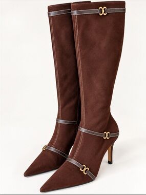 Women's Brown Suede Knee-High Pointed-Toe Heeled Boots